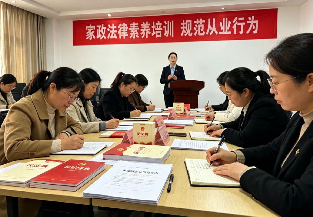 家政从业人员法律素养专题培训现场 家政从业人员法律素养专题培训现场,讲师开展家政普法授课,学员认真学习家政服务法律知识