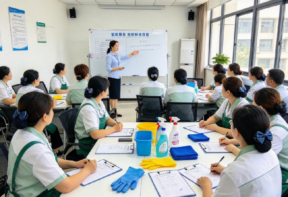 家政服务验收标准培训现场 家政师傅学习上门保洁完工质量自查验收规范